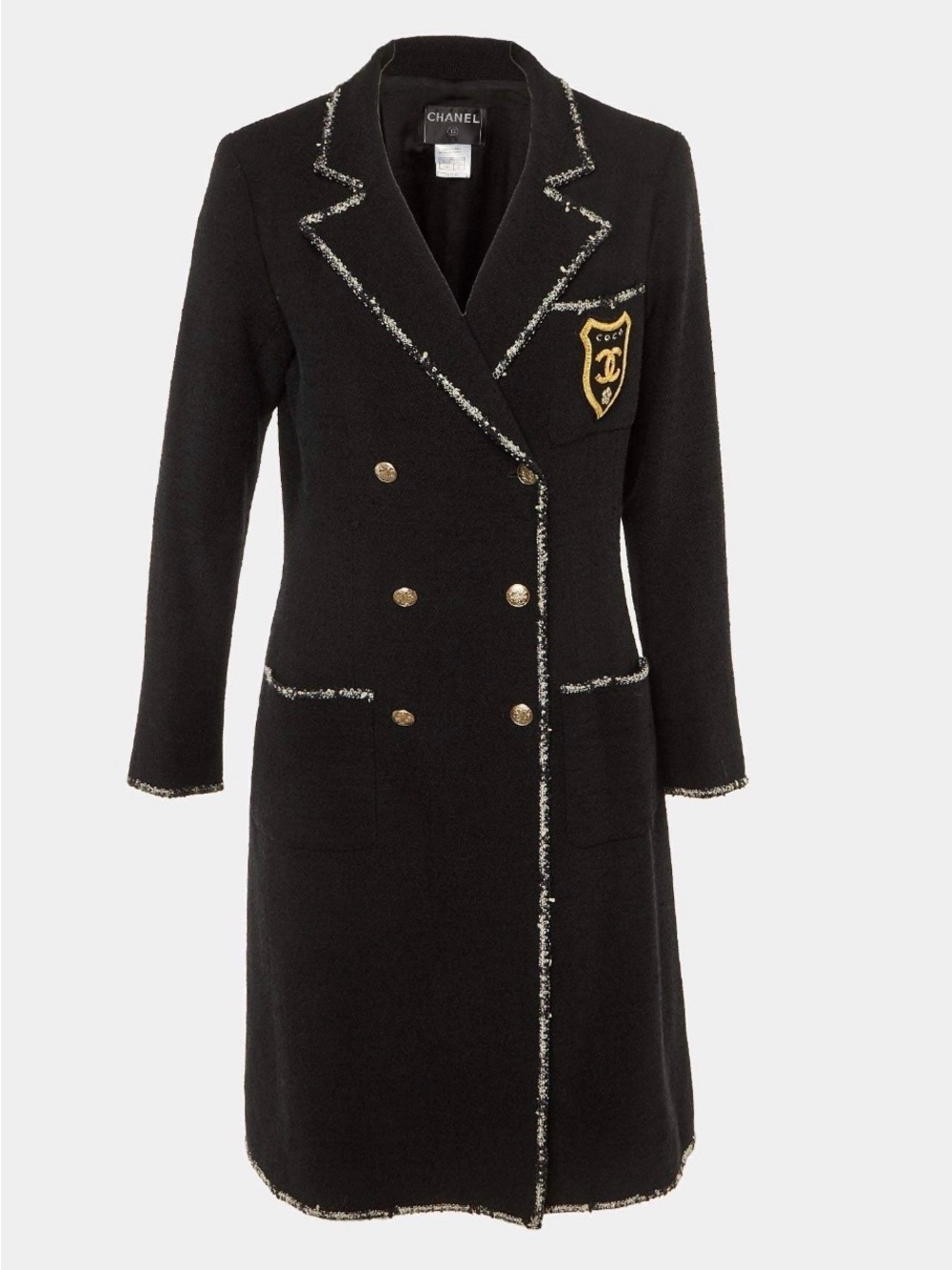 CHANEL Black Double-Breasted Wool Blazer Coat with Gold Crest